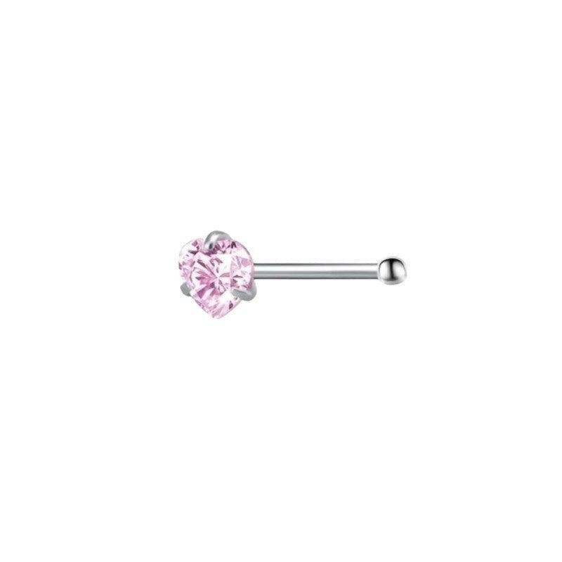 Aramat Jewels stainless steel nose studs with pink cubic zirconia in round, star, and heart shapes.