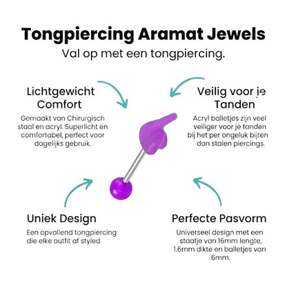 Aramat Jewels purple middle finger tongue piercing with silver barbell. Made of steel, rubber, and acrylic.