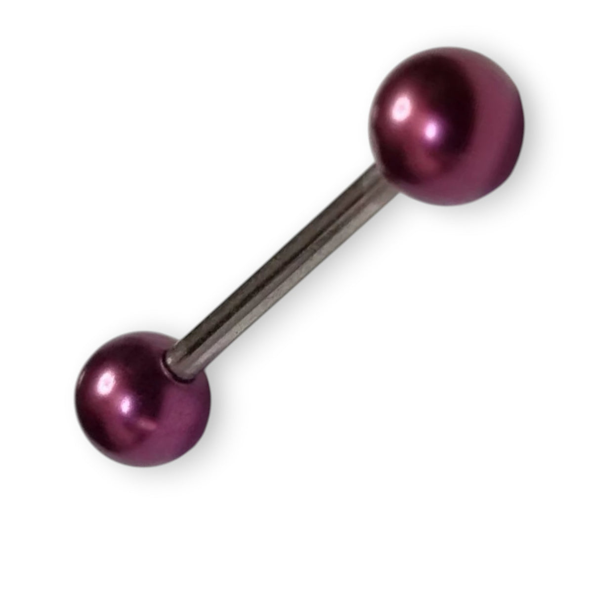 Aramat Jewels purple pearl steel tongue piercing with silver bar and 6mm balls.