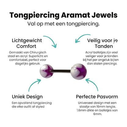 Aramat Jewels steel tongue piercing with purple and white acrylic star ends. 16mm bar, 6mm balls.