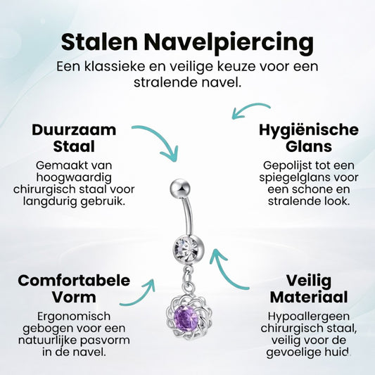 Aramat Jewels silver-tone surgical steel belly button piercing with a clear and purple zirconia flower charm.