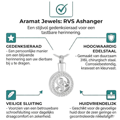 Aramat Jewels zilverkleurige ronde ashanger met 3 hartjes en kristalrand, gemaakt van roestvrij staal.