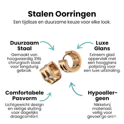 Aramat Jewels rose gold stainless steel huggie hoop earrings with two clear cubic zirconia stones each.
