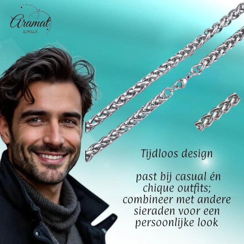 Aramat Jewels zilverkleurige RVS vossenstaart ketting van 60 cm en 7 mm breed, gedragen door een man.