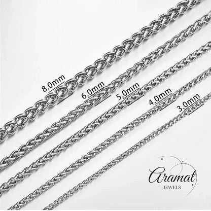 Aramat Jewels zilverkleurige RVS vossenstaart ketting van 8 mm breed, een robuust en waterproof statement sieraad.