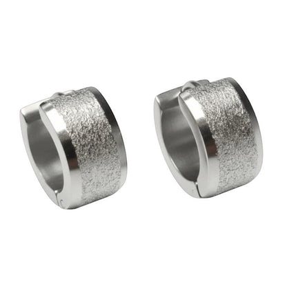 Aramat Jewels sandblasted silver-tone stainless steel huggie hoop earrings, 13mm, with a matte textured center.