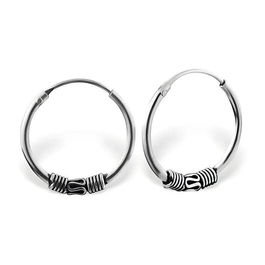 Aramat Jewels unisex silver Bali hoop earrings, 16mm diameter, with intricate tribal-inspired detailing.