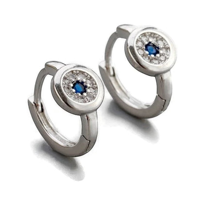 Aramat Jewels silver hoop earrings with blue and clear cubic zirconia, 12mm diameter.