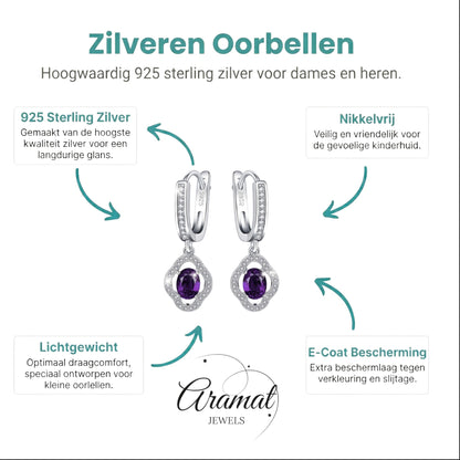 Aramat Jewels silver hoop earrings with flower charm, featuring a purple oval zirconia and clear cubic zirconia accents.