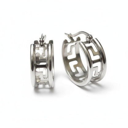Aramat Jewels silver-tone stainless steel hoop earrings with Greek key pattern, 20mm diameter.