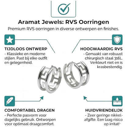 Aramat Jewels silver-tone stainless steel hoop earrings with a Greek key pattern, 20mm diameter.