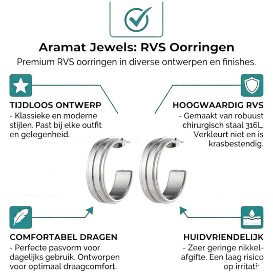 Aramat Jewels silver-tone stainless steel half-hoop earrings with double stripe detail, 23mm height.