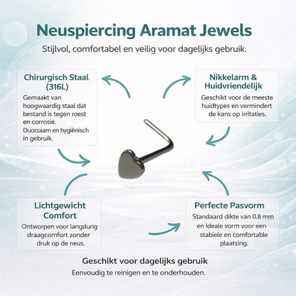 Aramat Jewels silver-tone steel L-shaped nose piercing with a small 2mm heart charm.