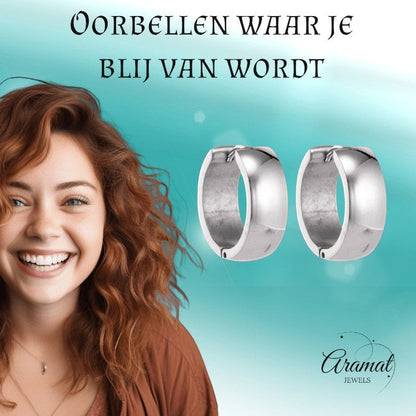 Aramat Jewels silver-colored stainless steel hoop earrings, 13mm diameter, simple and timeless design for everyday wear.