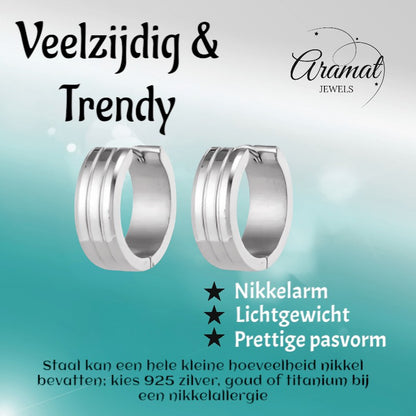 Aramat Jewels silver-tone stainless steel hoop earrings with three raised stripes, 20mm diameter, unisex design.