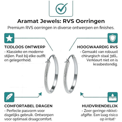 Aramat Jewels silver-tone stainless steel hoop earrings with a 35mm diameter and a textured dot pattern.