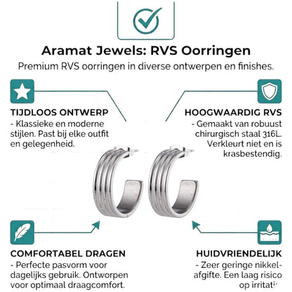 Aramat Jewels silver stainless steel hoop earrings with four vertical lines, 23mm diameter, 7mm width.