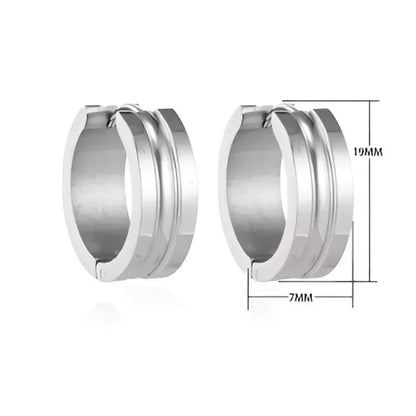 Aramat Jewels silver-colored stainless steel hoop earrings with a dynamic stripe design, 19mm diameter, 7mm width.