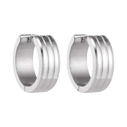 Aramat Jewels silver-tone stainless steel hoop earrings with three raised stripes, 20mm diameter.