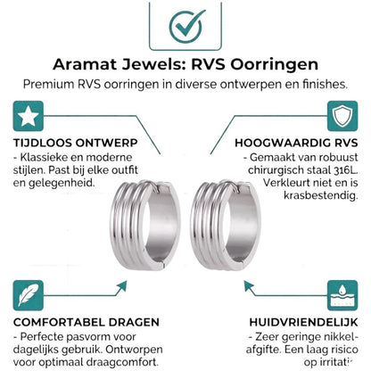 Aramat Jewels silver-tone stainless steel hoop earrings with three ribbed stripes, available in 13mm and 20mm diameters.