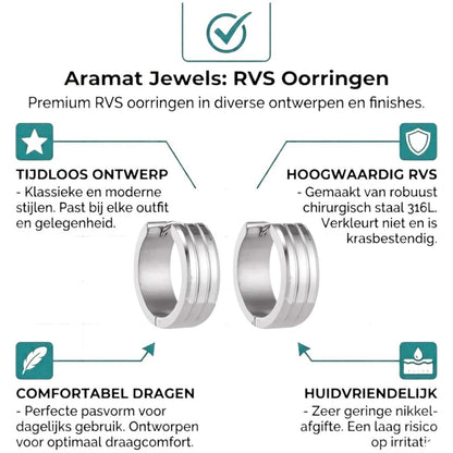 Aramat Jewels silver-tone stainless steel hoop earrings with three raised stripes, 20mm diameter.