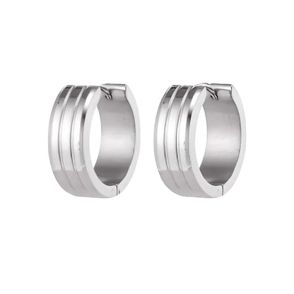 Aramat Jewels silver-tone stainless steel hoop earrings with three raised stripes, 20mm diameter.
