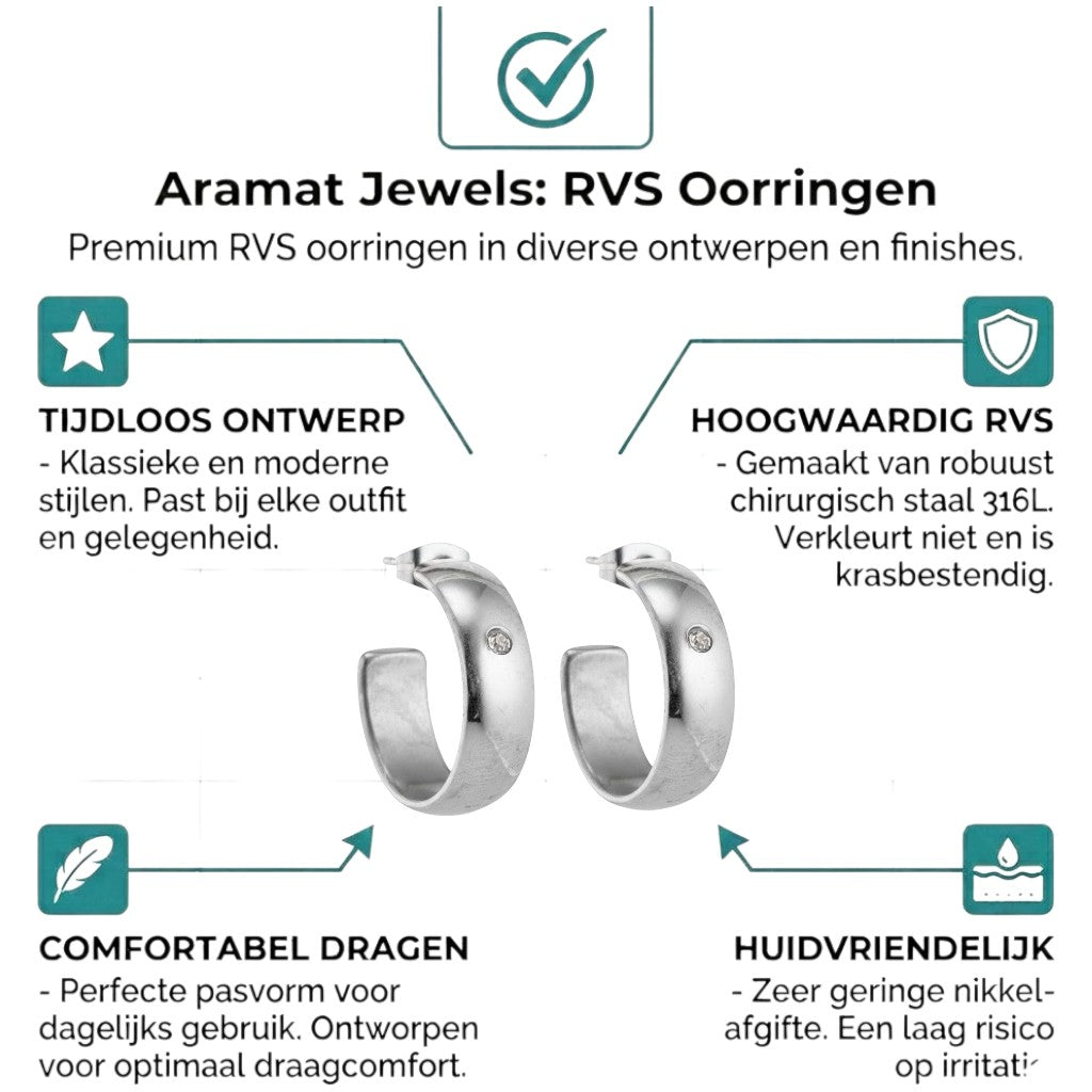 Aramat Jewels silver-tone stainless steel hoop earrings, 23mm diameter, 7mm wide, with a small clear zirconia accent.