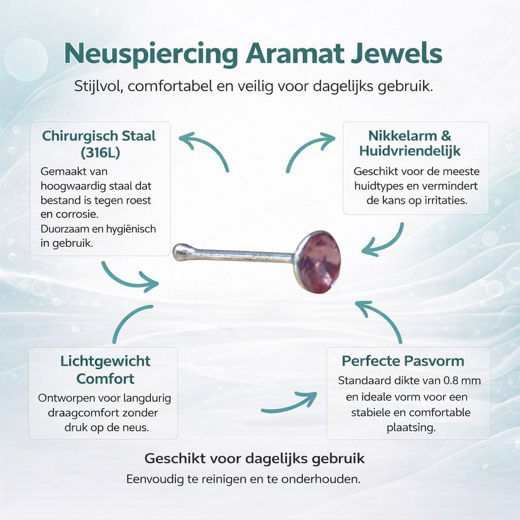 Aramat Jewels silver nose piercing with a 2mm pink crystal stone. Straight design, suitable for sensitive skin.