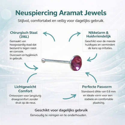 Aramat Jewels silver nose piercing with a 2mm round pink crystal stone. Straight design, suitable for sensitive skin.