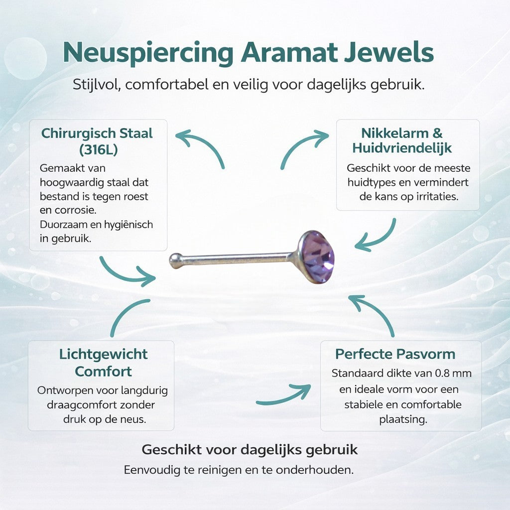 Aramat Jewels silver nose piercing with a 2mm round purple crystal stone. Straight design, suitable for sensitive skin.