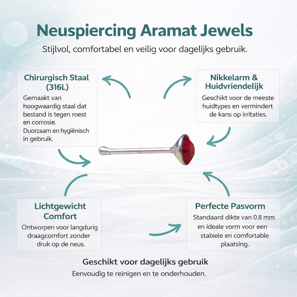Aramat Jewels silver nose piercing with a 2mm red crystal stone. Straight design, ideal for sensitive skin.