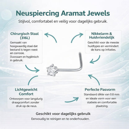 Aramat Jewels silver L-shaped nose piercing with a clear cubic zirconia stone.