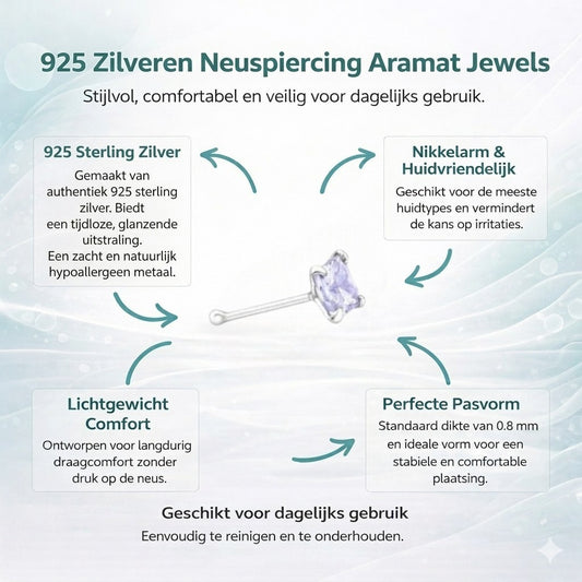 Aramat Jewels silver nose piercing with a 3mm purple cubic zirconia stone. Hypoallergenic and ideal for daily wear.