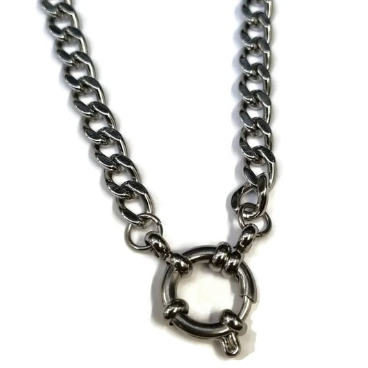 Aramat Jewels silver-tone stainless steel gourmet link charm necklace with a circular clasp.
