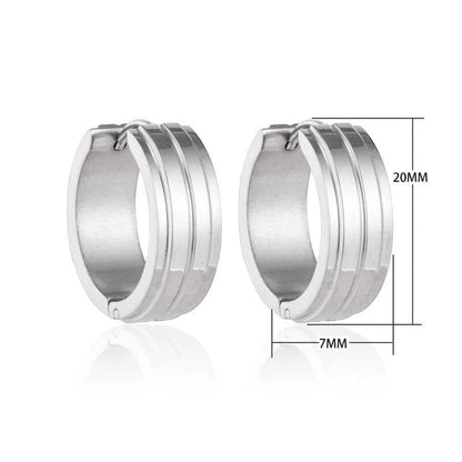 Aramat Jewels silver-tone stainless steel hoop earrings, 20mm diameter, featuring two raised stripes and a hinged clasp. Unisex design.