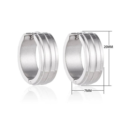 Aramat Jewels silver-tone stainless steel hoop earrings, 20mm diameter, featuring two raised stripes and a hinged closure. Unisex design.