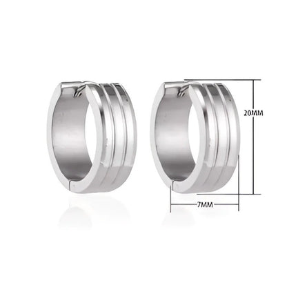 Aramat Jewels silver stainless steel hoop earrings with three raised stripes, 20mm diameter, 7mm width.