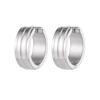 Aramat Jewels silver-tone stainless steel hoop earrings with two raised stripes, 20mm diameter.
