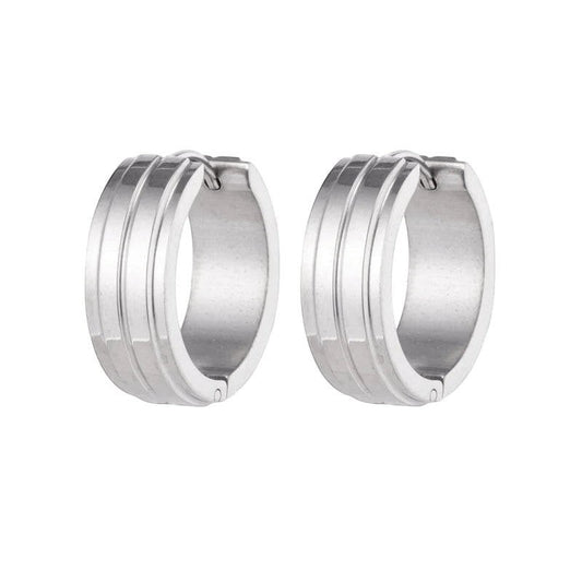 Aramat Jewels silver-tone stainless steel hoop earrings with two raised stripes, 20mm diameter.