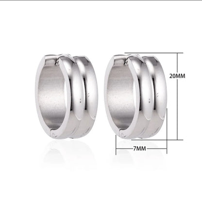 Aramat Jewels unisex silver-tone stainless steel huggie hoop earrings with double stripe detail, 20mm diameter.