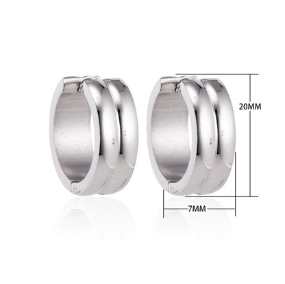 Aramat Jewels unisex silver-tone stainless steel huggie hoop earrings with double stripe detail, 20mm diameter.