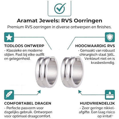 Aramat Jewels unisex silver-tone stainless steel huggie hoop earrings with two rounded stripes, 20mm diameter.