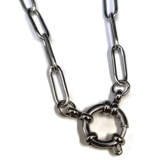 Aramat Jewels silver stainless steel paperclip link necklace with a toggle clasp.