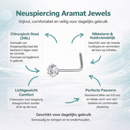 Aramat Jewels silver steel nose piercing with a clear cubic zirconia stone.
