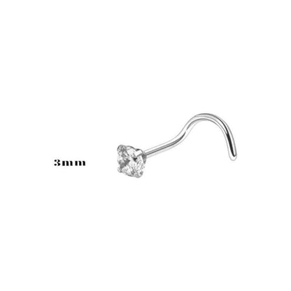 Aramat Jewels silver steel nose piercing with a clear 2mm cubic zirconia stone and a curved S-bar.