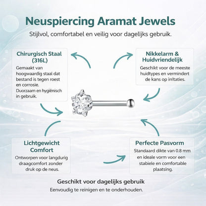 Aramat Jewels silver-colored steel nose piercing with a clear zirconia stone and a straight bar.