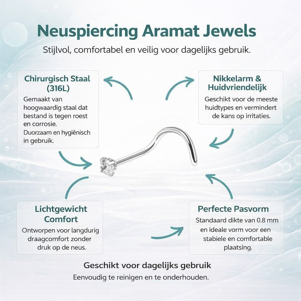 Aramat Jewels silver steel nose piercing with a 2mm clear cubic zirconia stone and a curved S-bar.
