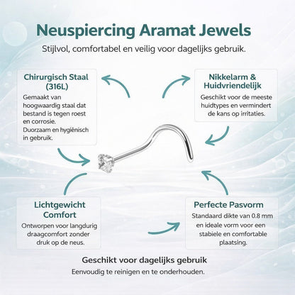 Aramat Jewels silver steel nose piercing with a 2mm clear cubic zirconia stone and a curved S-bar.
