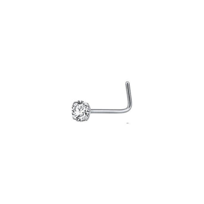 Aramat Jewels silver steel L-shaped nose piercing with a clear round cubic zirconia stone.