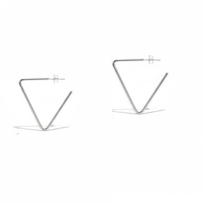 Aramat Jewels silver-tone stainless steel triangular hoop earrings, 40mm diameter, modern geometric design.